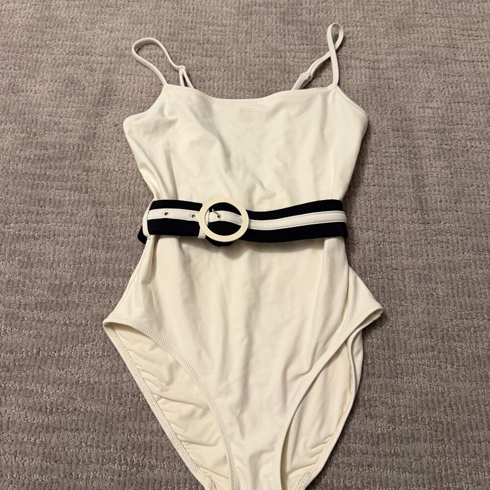 Solid & Striped White and Black Nina Belted One Piece Swimsuit